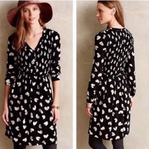 Maeve for Anthropologie Black Smocked Dress with Abstract White Heart Print XS